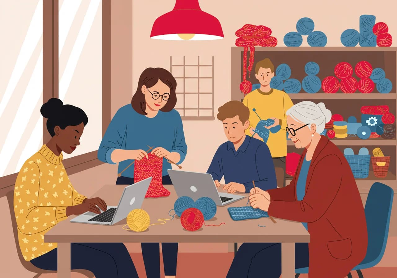 A yarn shop where knitters work in their projects, create designs, translate and sell patterns, surrounded by knitting tools and yarns.